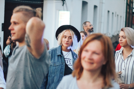 MINSK, BELARUS.JULY 29, 2017 People watching the performance on the streetのeditorial素材
