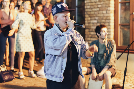 MINSK, BELARUS.August 5, 2017. Street musician in the evening on the streetのeditorial素材