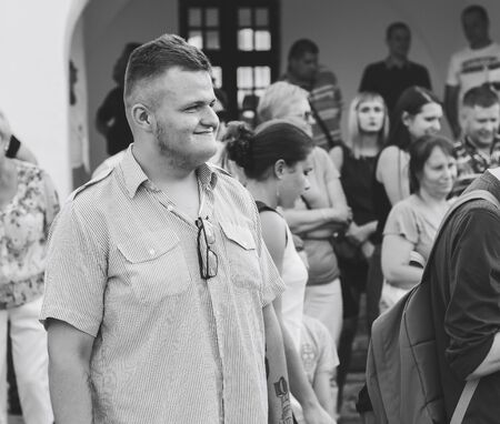 MINSK, BELARUS.August 19, 2017. Group of people laughing and posing in front of cameraのeditorial素材
