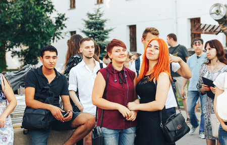 MINSK, BELARUS.August 19, 2017. Group of people laughing and posing in front of cameraのeditorial素材