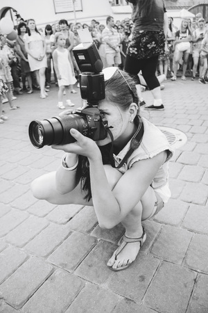 MINSK, BELARUS.August 19 2017 Girl photographer on the streetのeditorial素材