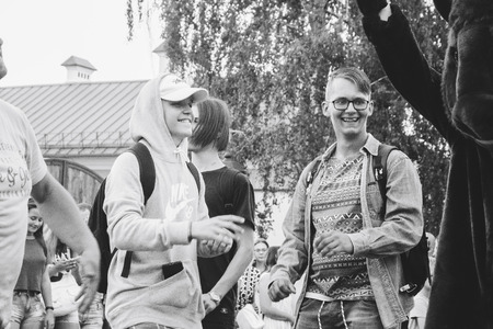 MINSK, BELARUS.August 19, 2017. Group of people laughing and posing in front of cameraのeditorial素材