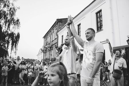 MINSK, BELARUS.August 19, 2017. Group of people laughing and posing in front of cameraのeditorial素材