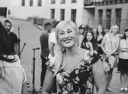 MINSK, BELARUS.August 19, 2017. Group of people laughing and posing in front of cameraのeditorial素材