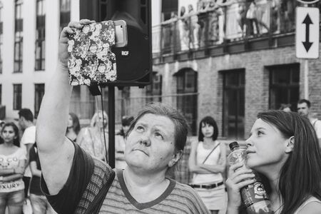 MINSK, BELARUS.August 19, 2017. Group of people laughing and posing in front of cameraのeditorial素材