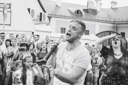 MINSK, BELARUS.August 19, 2017. A man with a microphone on the streetのeditorial素材