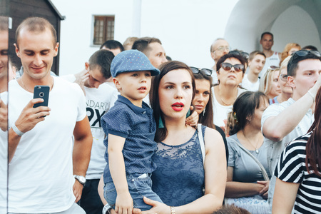 MINSK, BELARUS.August 19, 2017. Group of people laughing and posing in front of cameraのeditorial素材