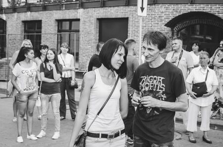 MINSK, BELARUS.August 19, 2017. Group of people laughing and posing in front of cameraのeditorial素材