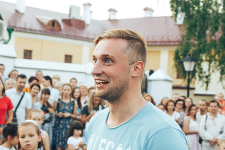 MINSK, BELARUS.August 19, 2017. A man with a microphone on the streetのeditorial素材