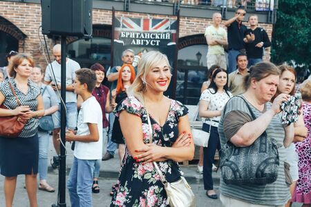 MINSK, BELARUS.August 19, 2017. Group of people laughing and posing in front of cameraのeditorial素材