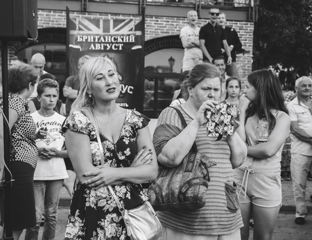 MINSK, BELARUS.August 19, 2017. Group of people laughing and posing in front of cameraのeditorial素材