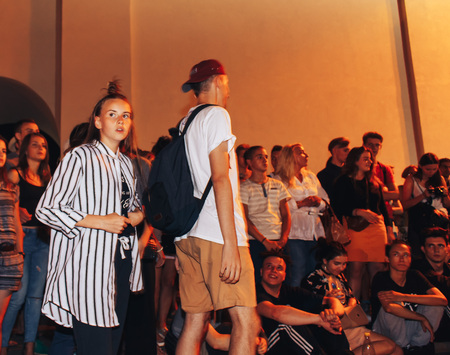 MINSK, BELARUS.August 19, 2017. Group of people laughing and posing in front of cameraのeditorial素材