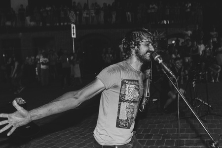 MINSK, BELARUS.August 19, 2017. A man with a microphone on the streetのeditorial素材