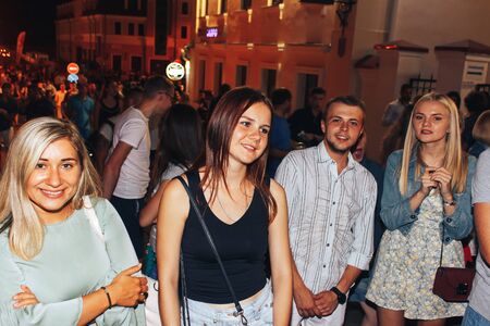 MINSK, BELARUS.August 19, 2017. Group of people laughing and posing in front of cameraのeditorial素材