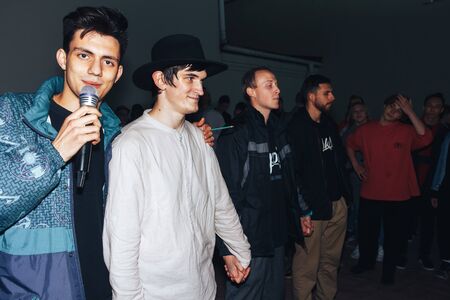 MINSK, BELARUS.September 30, 2017 A guy with a microphone on the streetのeditorial素材