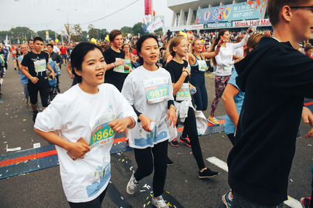 MINSK, BELARUS.September 10 2017 Minsk half-marathon in 2017 A group of people crosses the finish...