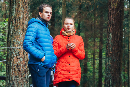 Minsk region Kryzhovka October 8, 2017 Bike ride A guy with a girl standing in the woodsのeditorial素材