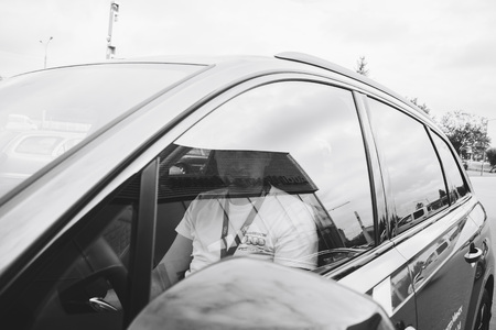 MINSK, BELARUS.August 26, 2017. Test drive audi. A man is sitting in the car