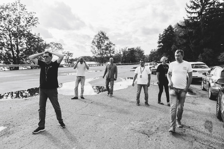 MINSK, BELARUS.August 26, 2017. Test drive audi. A group of people talking on the streetのeditorial素材