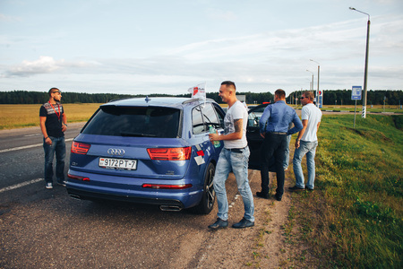 MINSK, BELARUS.August 26, 2017. Test drive audi. A group of people talking on the streetのeditorial素材