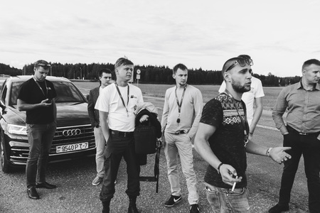 MINSK, BELARUS.August 26, 2017. Test drive audi. A group of people talking on the streetのeditorial素材