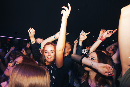 MINSK, BELARUS.September 1 , 2017 Rock band performs in a nightclub A group of people watching a rock band performanceのeditorial素材