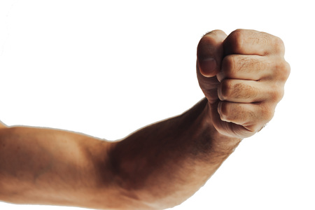 Man hand sign isolated on white background. Hand clenched in a fistの写真素材