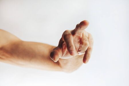 adult man hand to hold something, isolated on whiteの写真素材