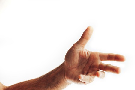 adult man hand to hold something, isolated on whiteの写真素材