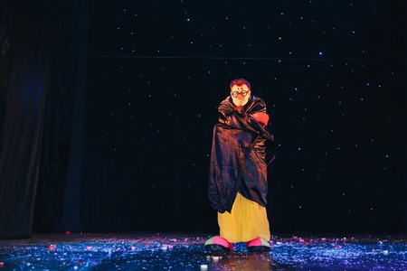 MINSK, BELARUS November 4 2017 International Illusion Festival MAGIC 2017 A man in a clown suit...