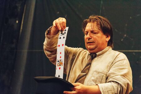 MINSK, BELARUS November 4 2017 International Illusion Festival MAGIC 2017 Seminar Man shows tricks...