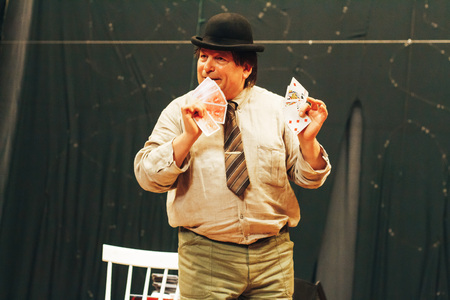 MINSK, BELARUS November 4 2017 International Illusion Festival MAGIC 2017 Seminar Man shows tricks...