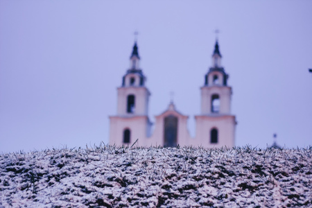 Orthodox Church early in the morning, the first snow fell outの写真素材