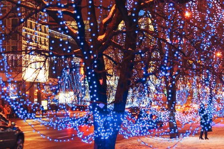 New year garlands near the road Blurred backgroundの写真素材