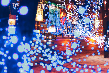 New year garlands near the road Blurred backgroundの写真素材