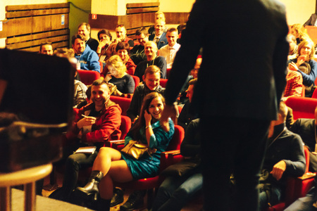MINSK, BELARUS November 5 2017 International Illusion Festival MAGIC 2017 Seminar The man tells from...