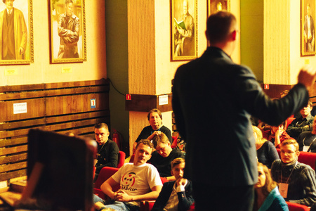 MINSK, BELARUS November 5 2017 International Illusion Festival MAGIC 2017 Seminar The man tells from...