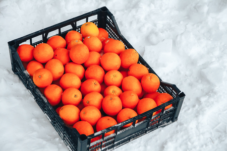 A box of oranges stands on the snowの写真素材