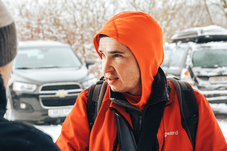 Minsk Belarus .4 March 2018 Zhuk-treil 4Minskoe Sea A man stands outdoors in winterのeditorial素材