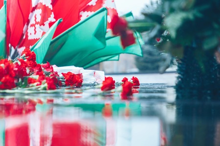 Red roses lie on the black granite of the monumentの写真素材