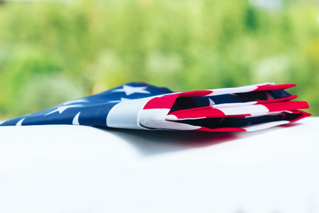 Us flag lies on white in front of the forest