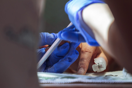 Manicurist examines a finger before processing. Development of private business in the field of beauty and health.の写真素材
