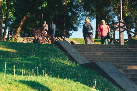 May 25, 2019 Minsk Belarus Street festivities in the evening city Concrete staircase in a park next...