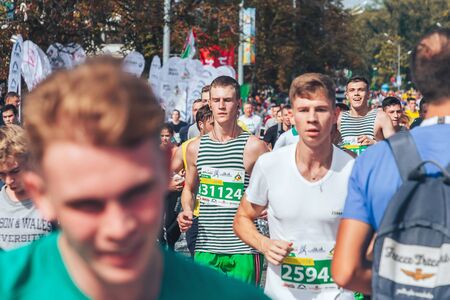 September 9, 2018 Minsk Belarus Half Marathon Minsk 2018 Young athletes run a marathon on a city streetのeditorial素材