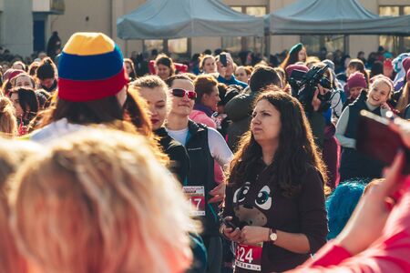 March 8, 2019 Minsk Belarus Women's Day Race on March 8 Many young athletes are stand on the square before the raceのeditorial素材