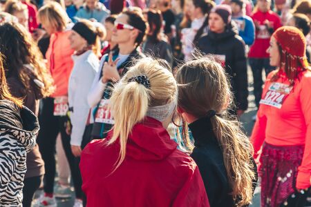 March 8, 2019 Minsk Belarus Women's Day Race on March 8 Young beautiful athletes are on the street...