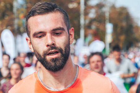 September 9, 2018 Minsk Belarus Half Marathon Minsk 2018 Portrait of an athlete running marathon Close upのeditorial素材