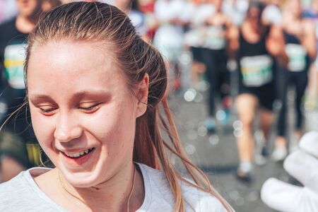September 9, 2018 Minsk Belarus Half Marathon Minsk 2018 Woman runs marathon Close upのeditorial素材