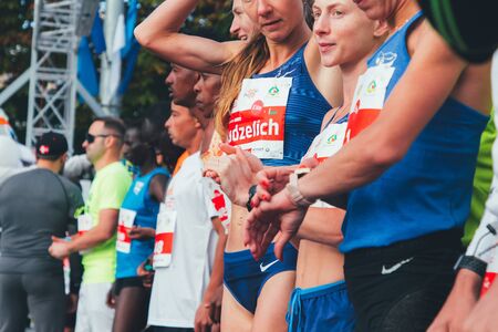 September 15, 2018 Minsk Belarus Half Marathon Minsk 2019 Athletes warm up before the start of the marathon Close upのeditorial素材