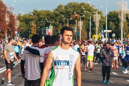 September 15, 2018 Minsk Belarus Half Marathon Minsk 2019 Athlete stands among athletes on the road before the start of the half marathonのeditorial素材